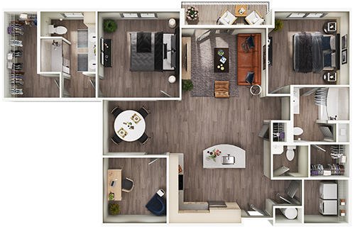 Floor plan for 2 beds, 2.5 baths, 1422 sqft